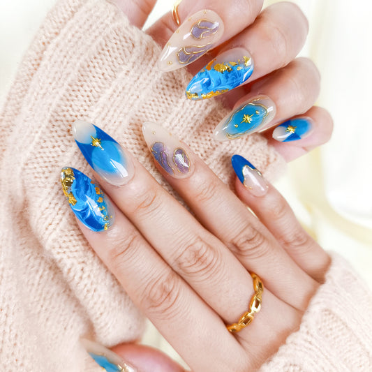 Blue ombre with gold chrome press on nails