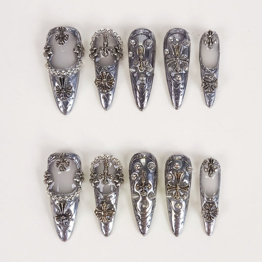 3D Silver Chrome Gothic Stiletto Press On Nails- RTS