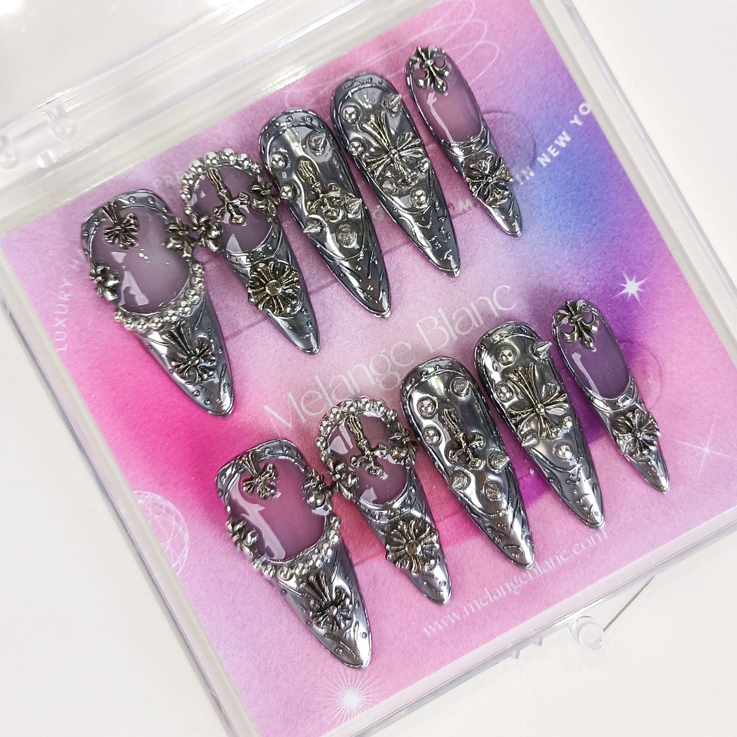 Gothic silver chrome 3D punk press on nails RTS PO149