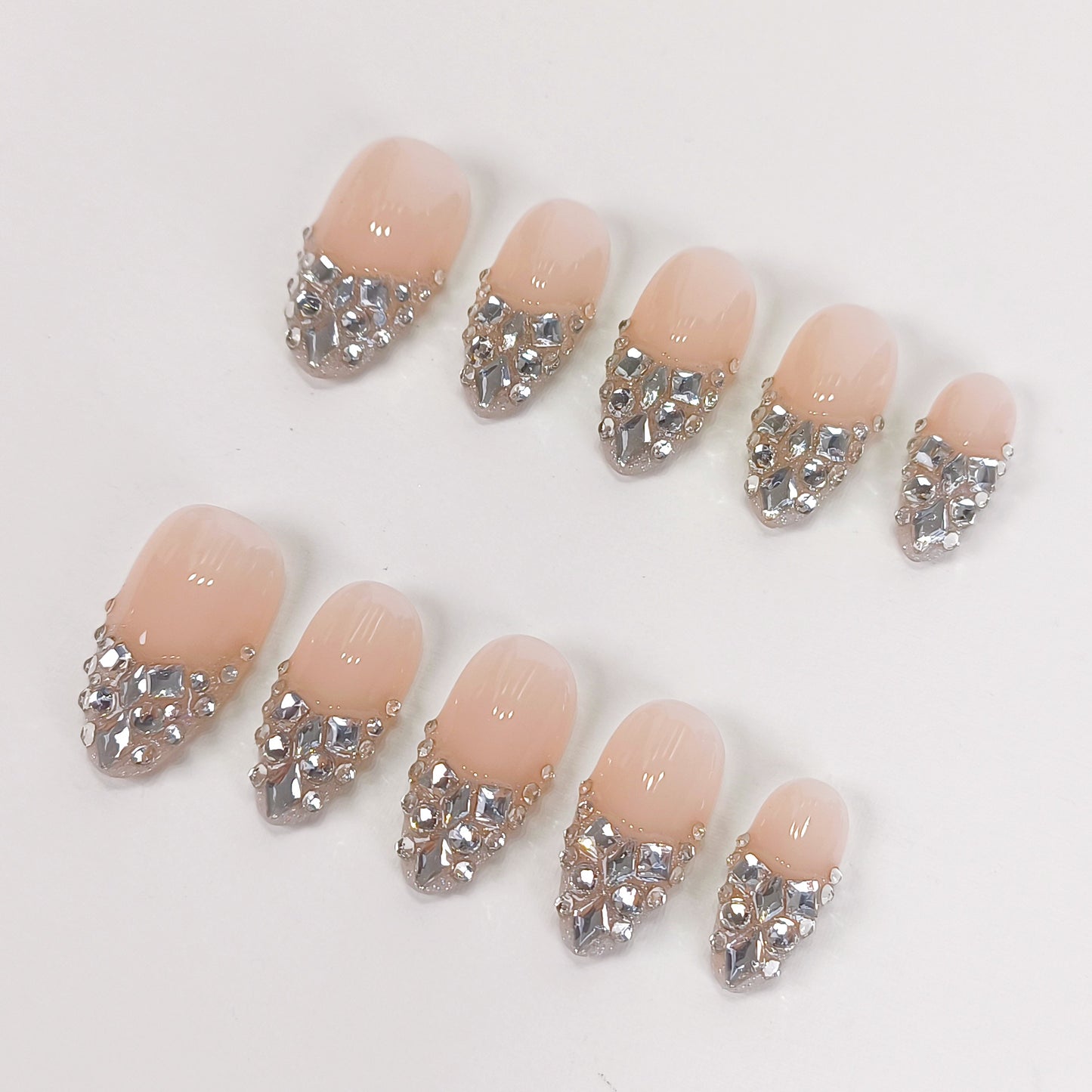 Nude Rhinestone Silver Crystal Press On Nails - RTS