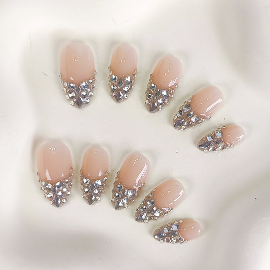 Nude Rhinestone Silver Crystal Press On Nails