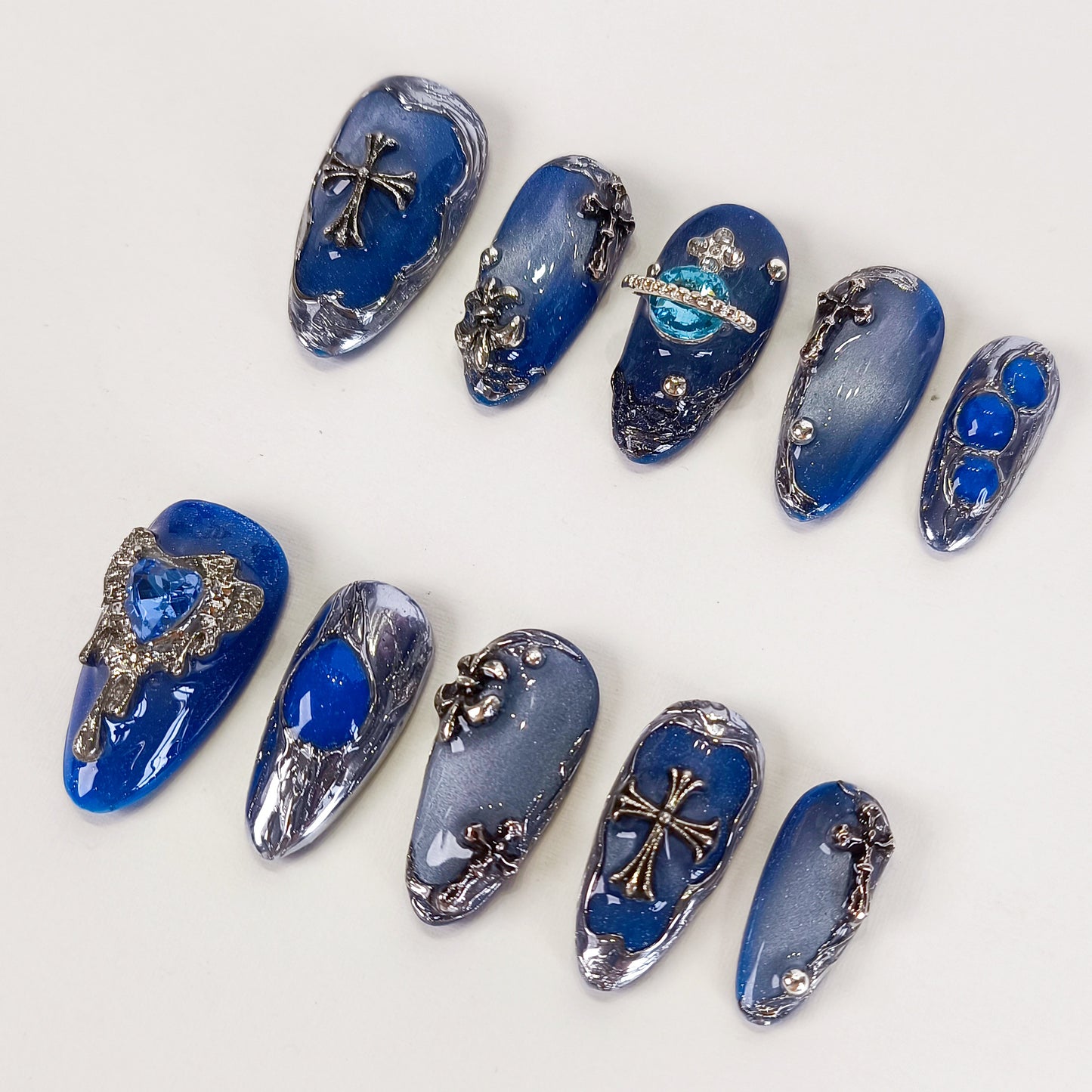 Blue Cat Eye with Silver Chrome Gothic Almond Press On Nails - RTS