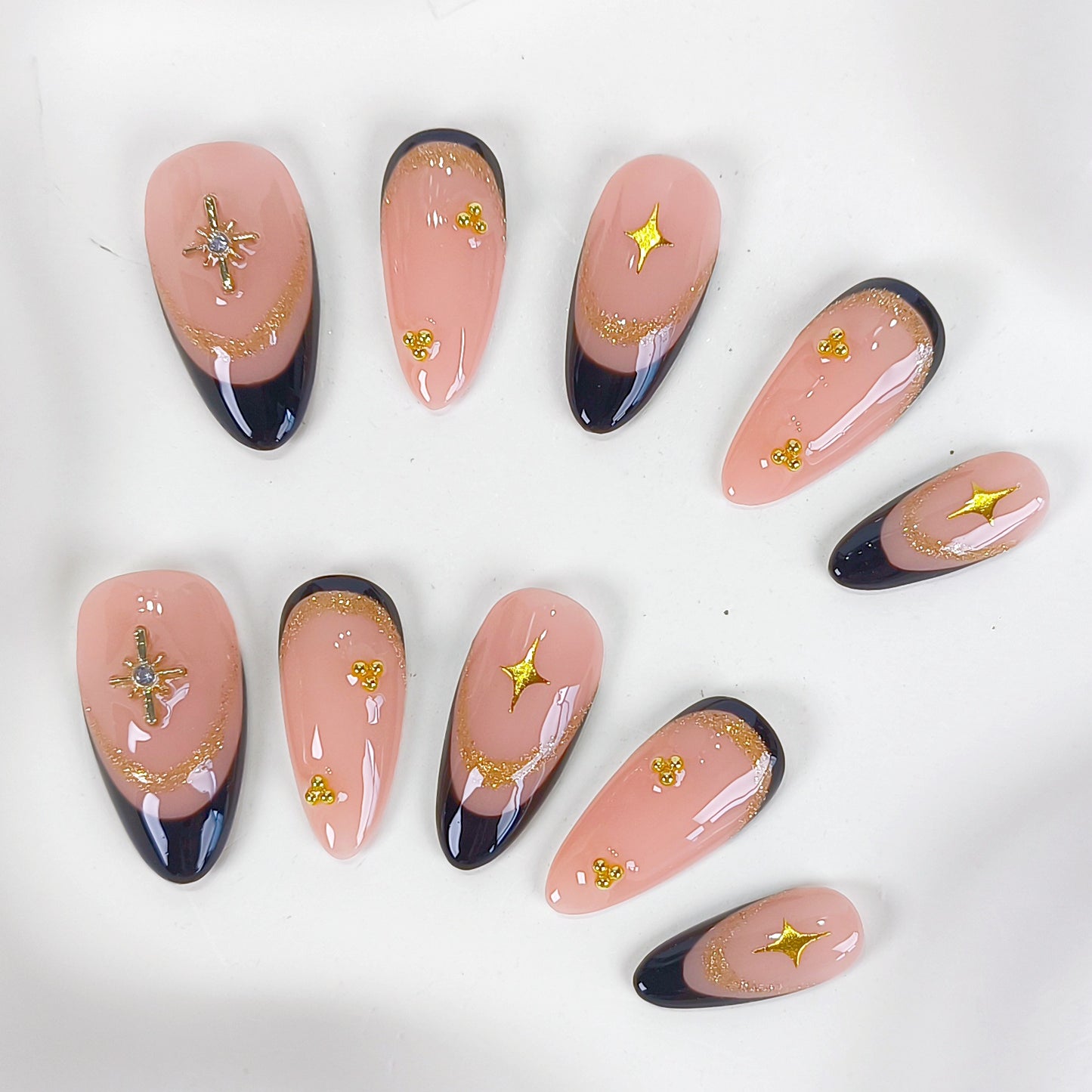 Gold charm & black french tips almond press on nails - RTS