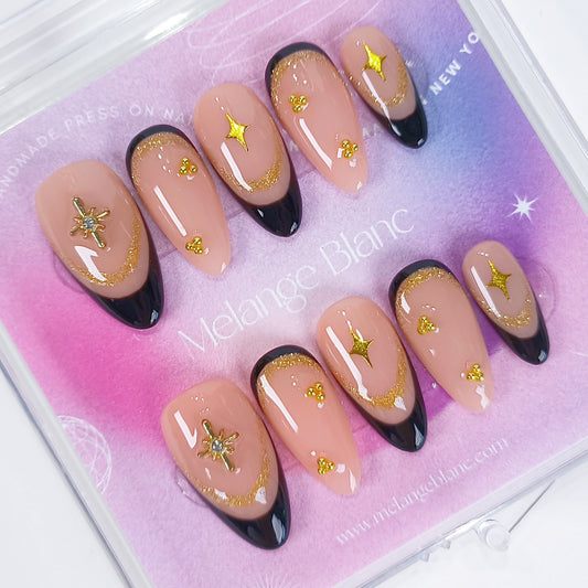 Gold charm & black french tips press on nails