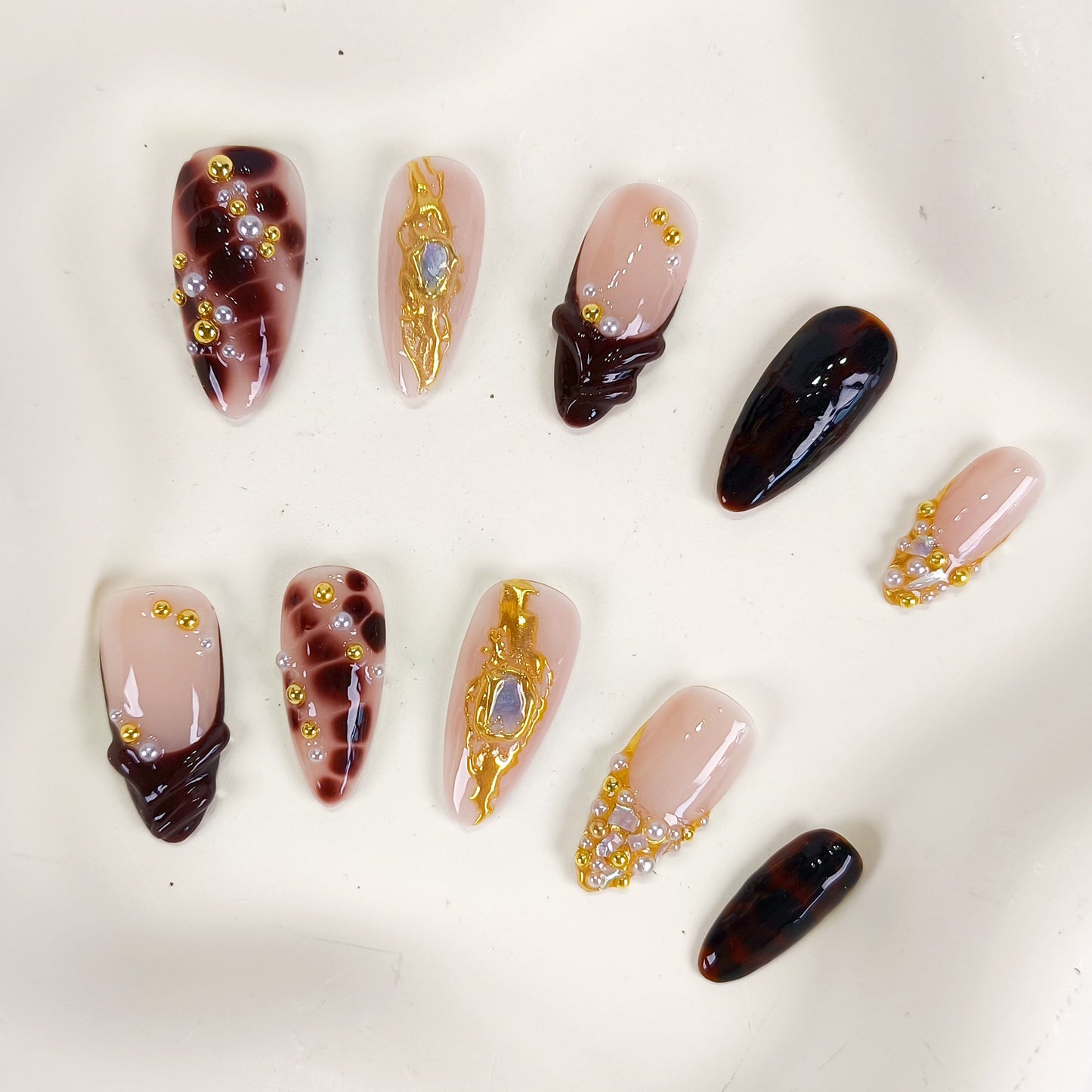 Fall amber gold chrome 3d brown press on nails - RTS