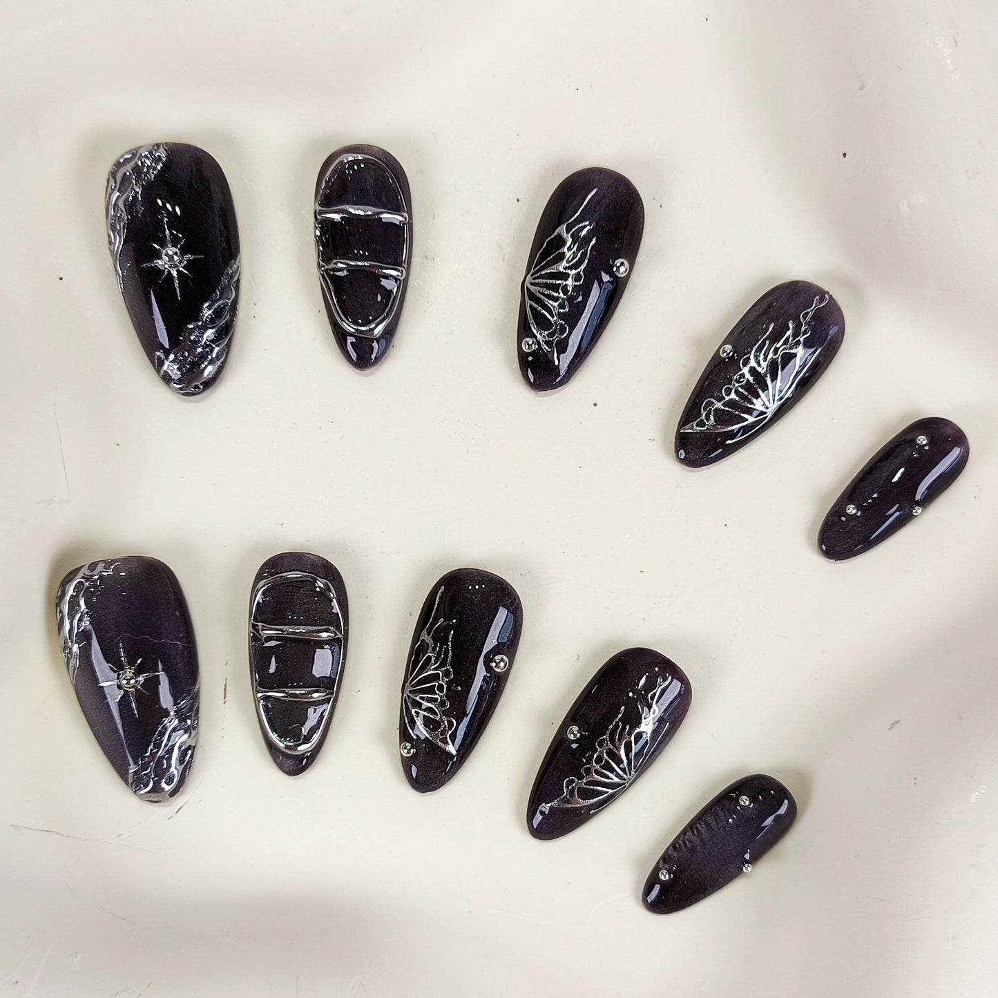 Black cat eye silver chrome butterfly press on nails