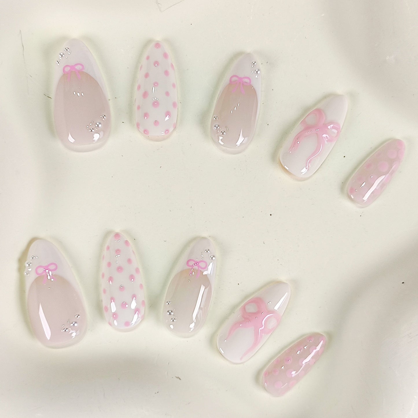 Cute polka dot pink bow press on nails - RTS