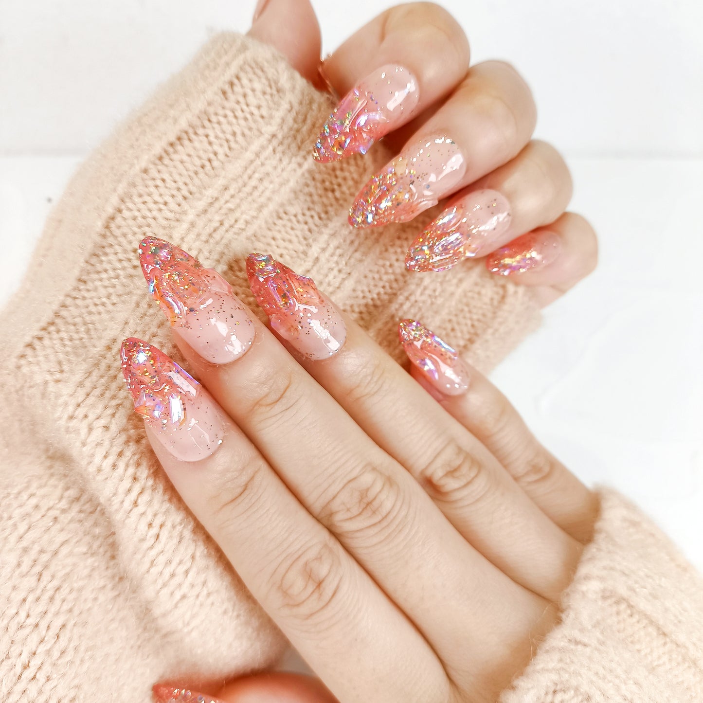 Red ombre tips & glitter crystal aurora press on nails - RTS