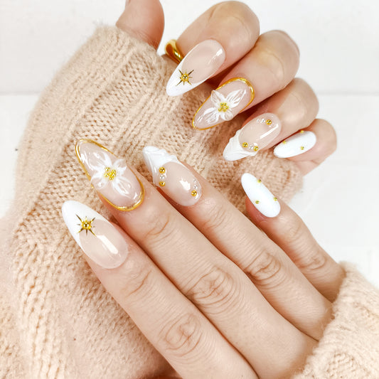 White french tip flower & gold chrome press on nails
