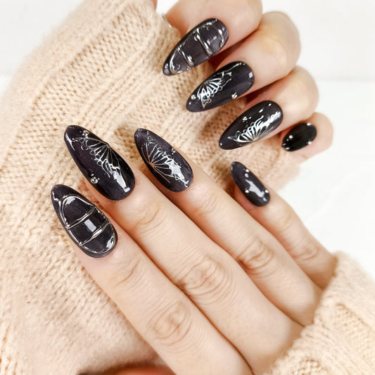 Black cat eye silver chrome butterfly press on nails