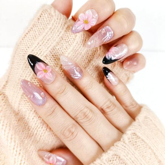 Pink cat eye 3d flower with black french tips press on nails