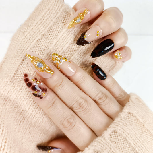 Fall amber gold chrome 3d brown press on nails