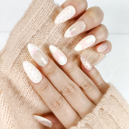 Cute polka dot pink bow press on nails