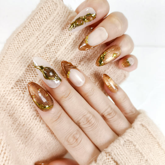Brown cat eye gold chrome Y2K press on nails