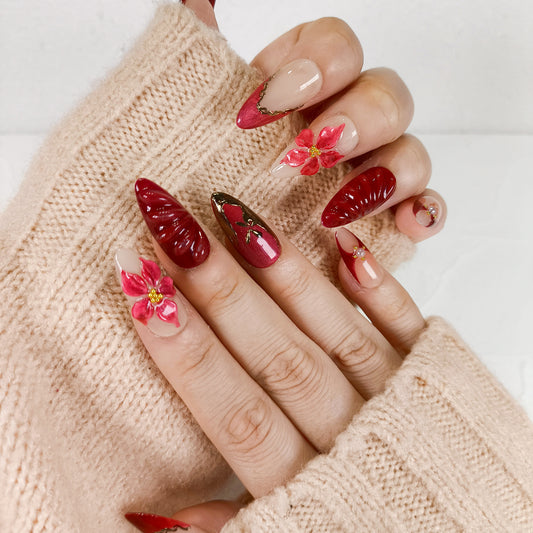 Red flower cat eye chrome press on nails