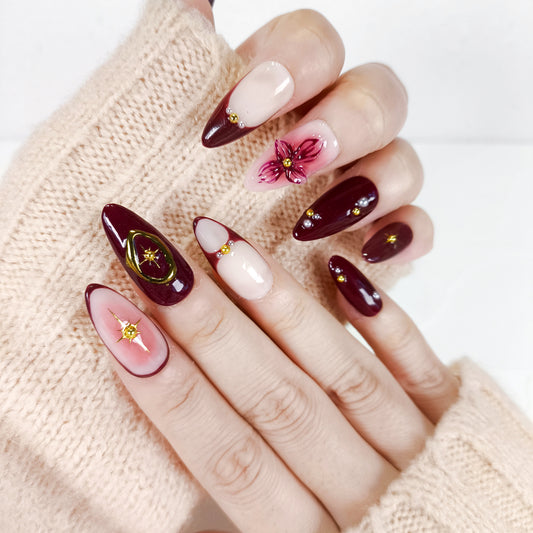 Burgundy 3D Flower & Gold Chrome Press On Nails