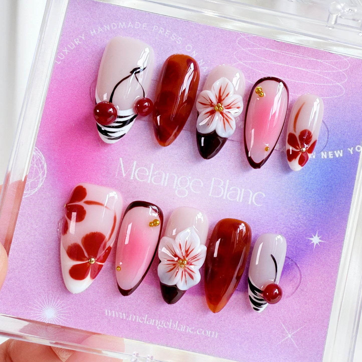 Red cherry 3D floral autumn press on nails