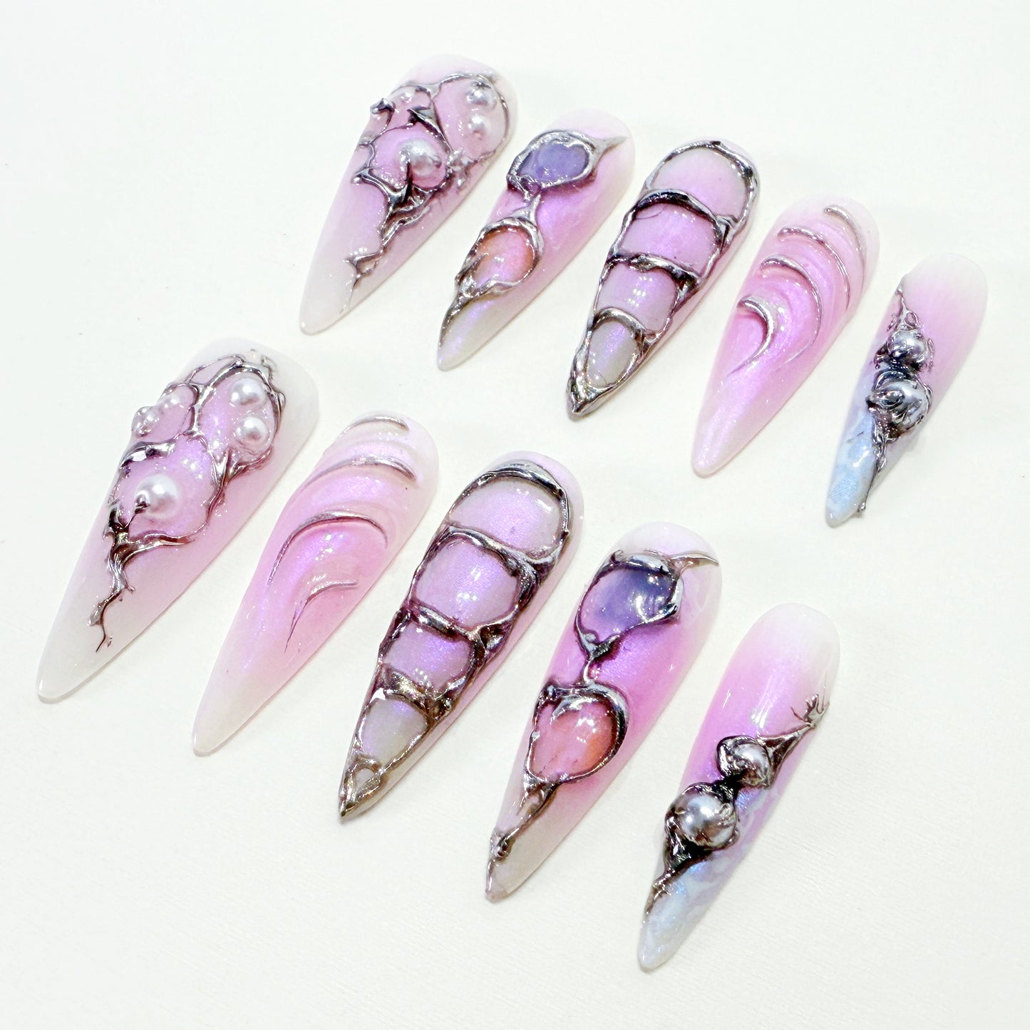 PO113 purple y2k silver chrome press on nails