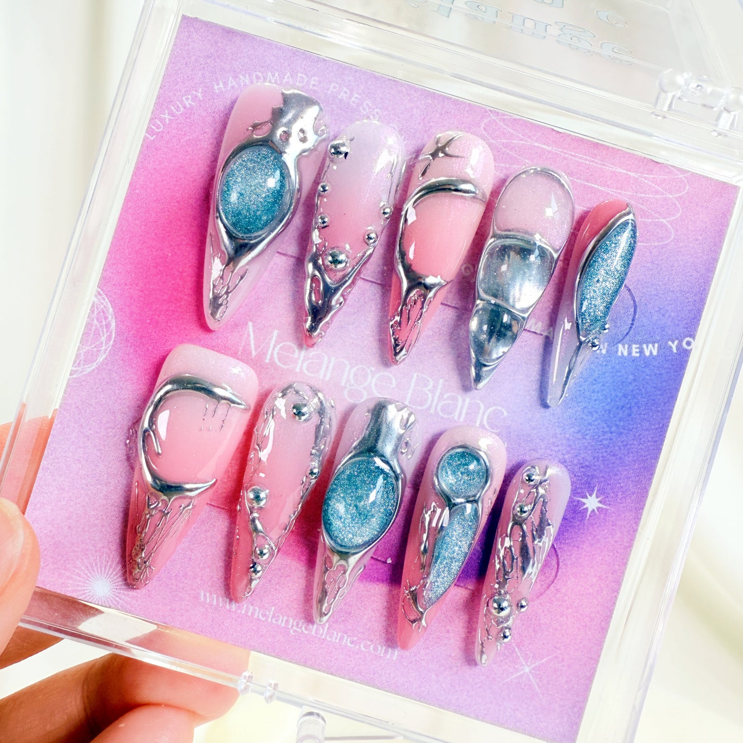 Pink silver chrome galaxy abstract press on nails - RTS