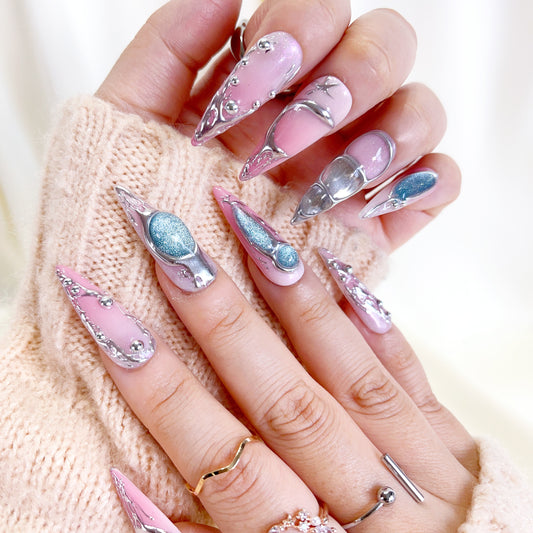 Pink ombre y2k galaxy silver chrome long stiletto press on nails RTS PO108