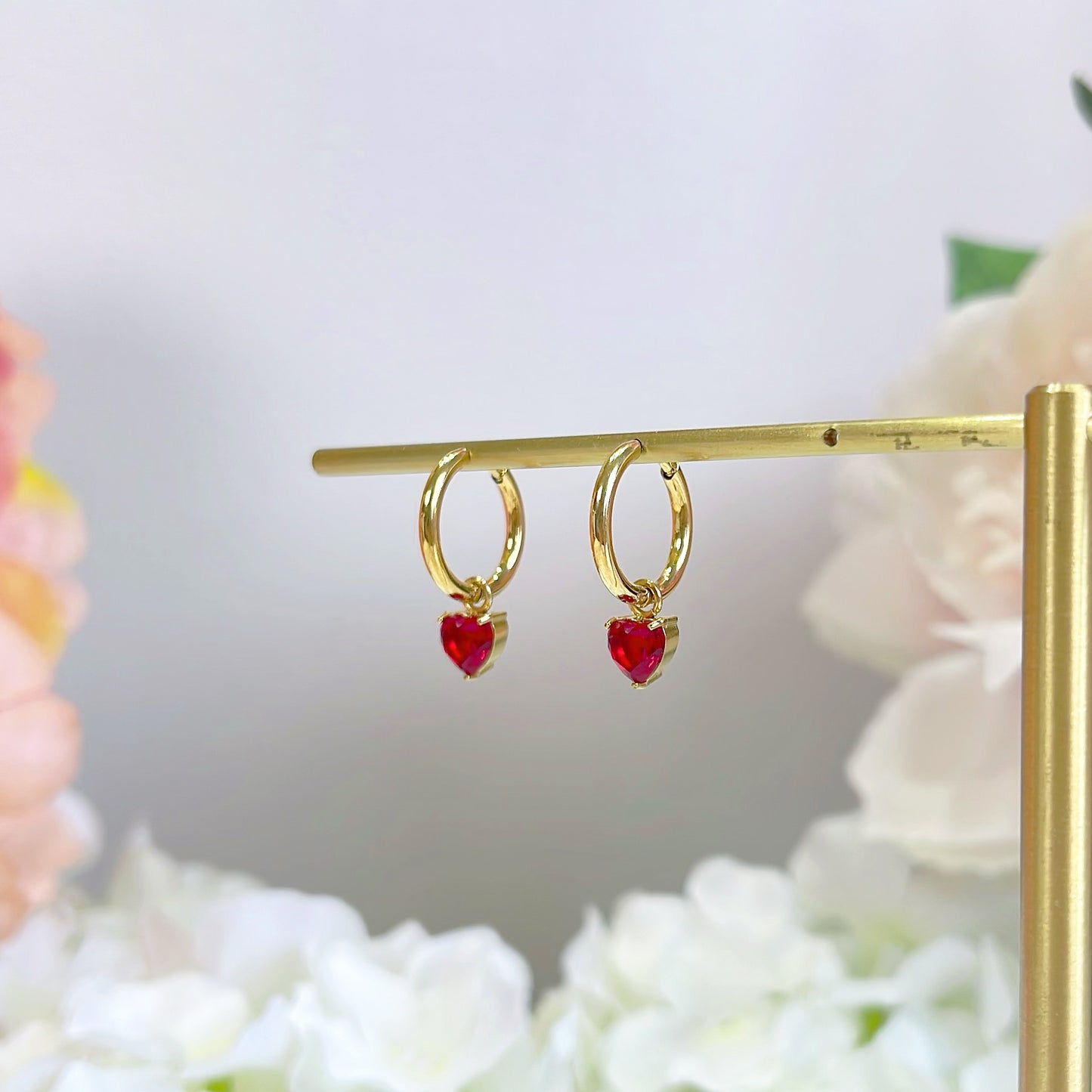 E169 dainty ruby red heart dangle earrings