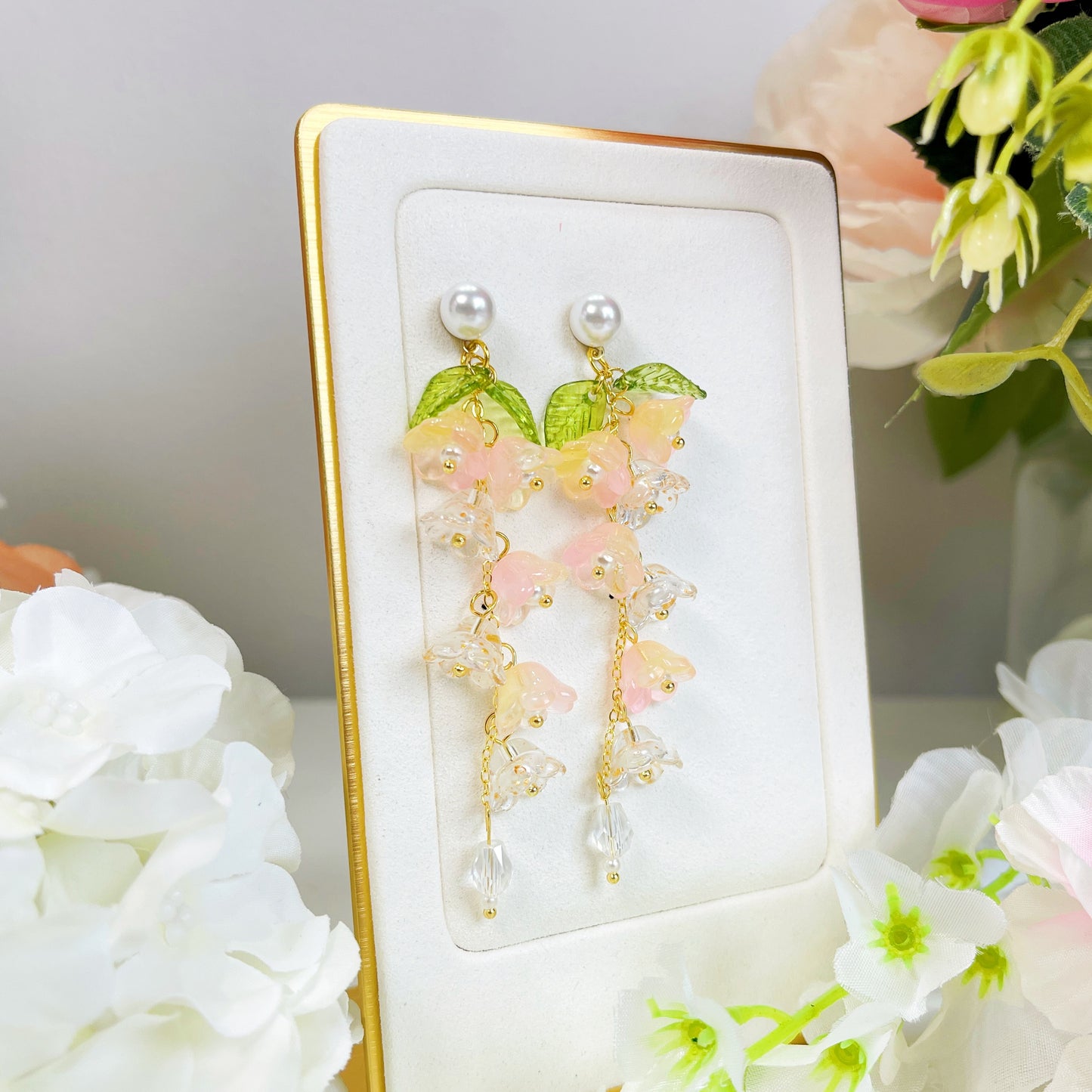 E158 lily of the valley pink flower dangle earrings