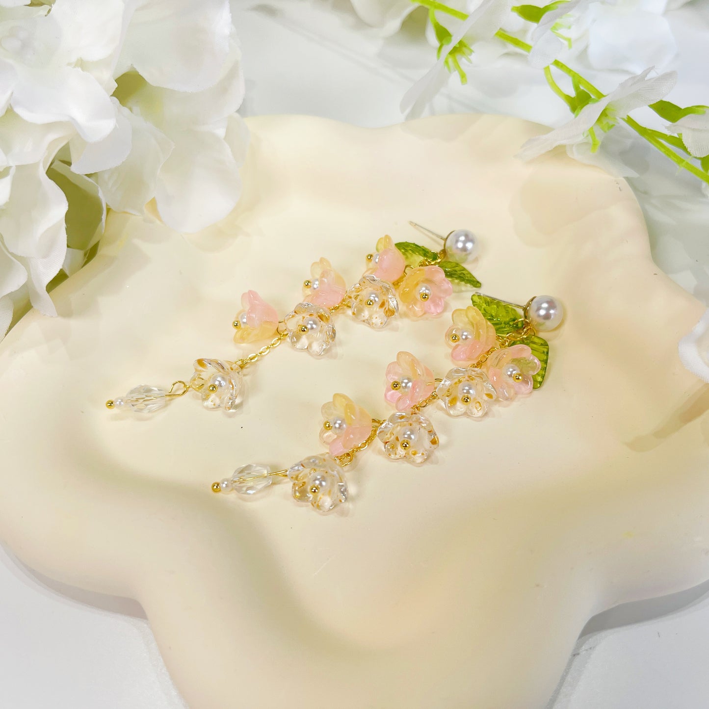 E158 lily of the valley pink flower dangle earrings