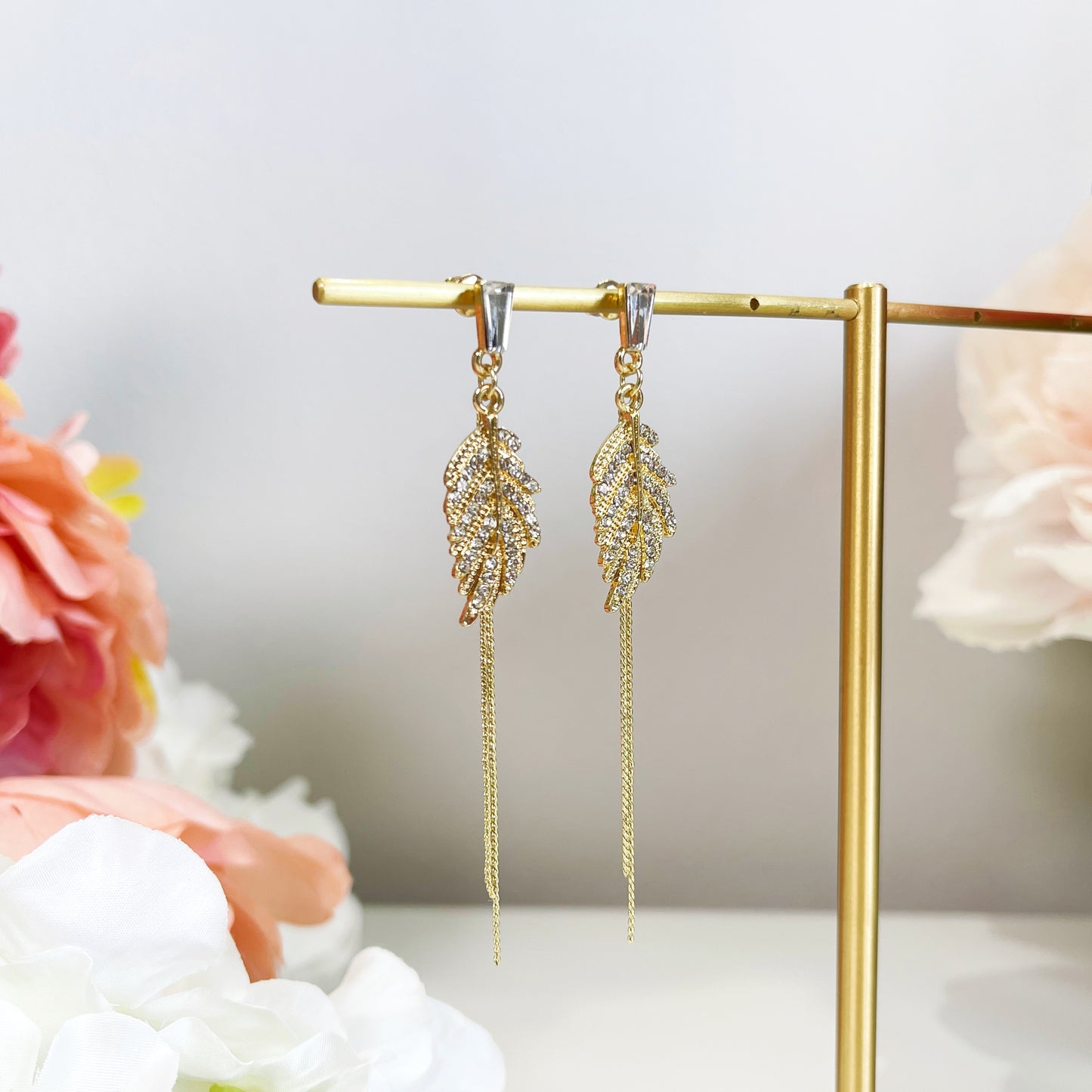 Alaina gold crystal paved leaf dangle earrings sale