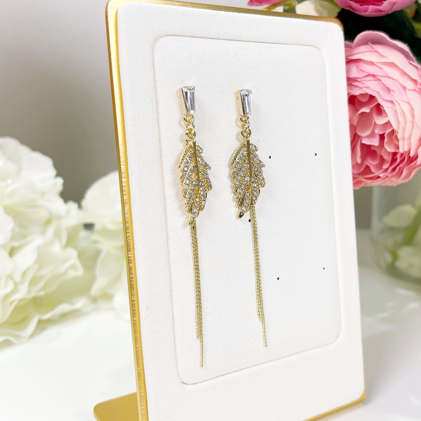 Alaina gold crystal paved leaf dangle earrings sale