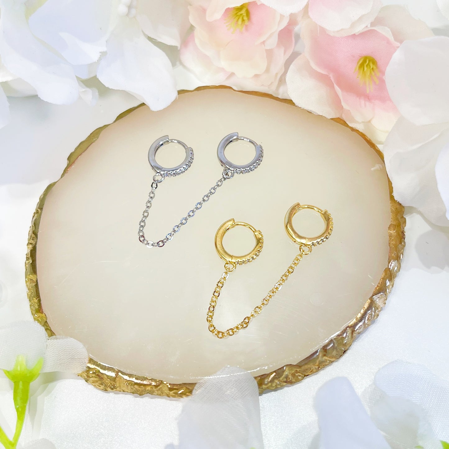 E128 double hoop chain link dangle earrings