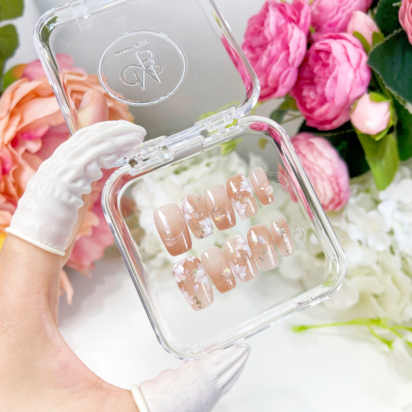 PO002 blush pink flower press on nails