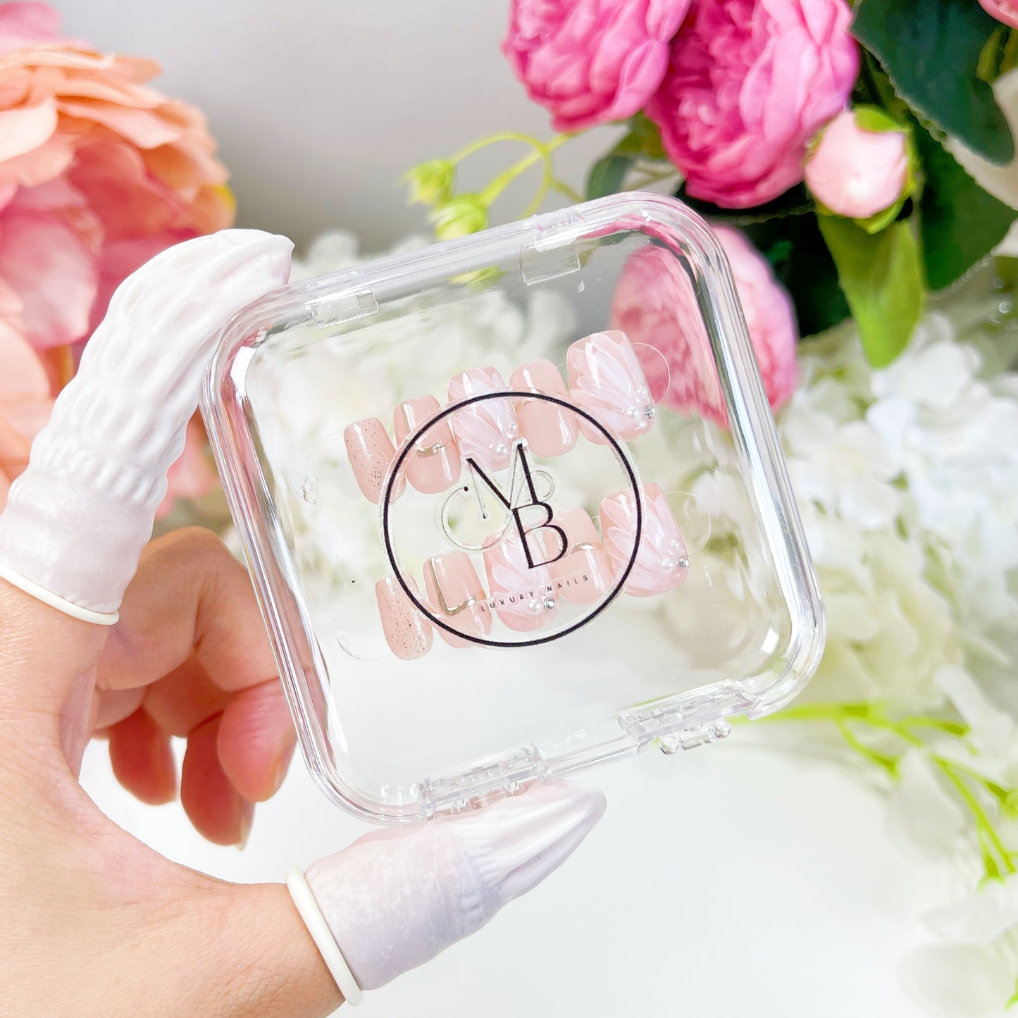 PO007 pink flower white floral press on nails