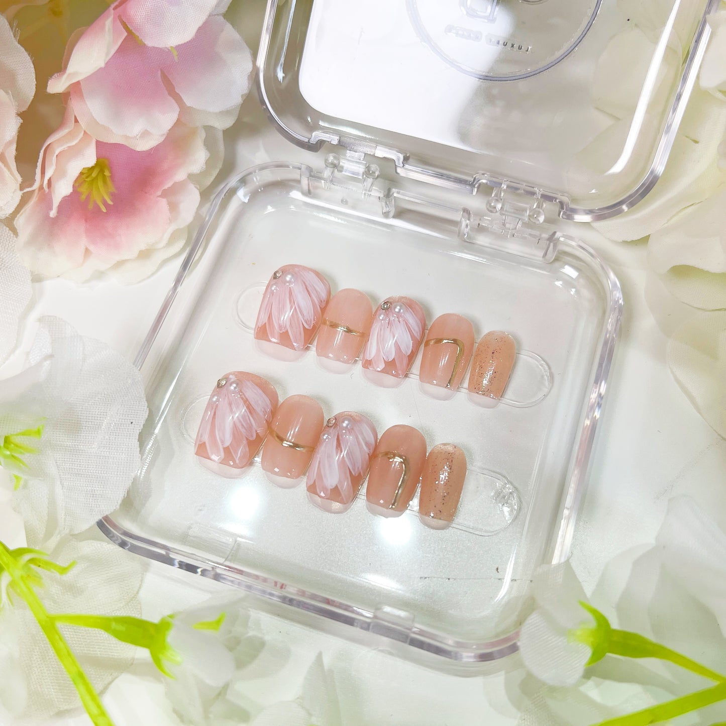 PO007 pink flower white floral press on nails
