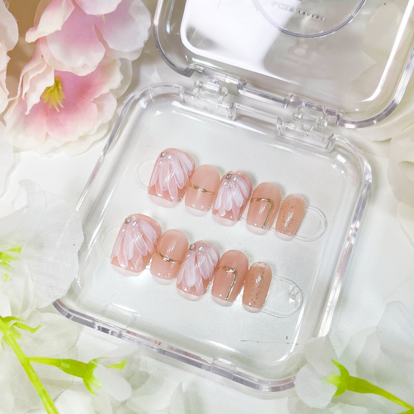 PO007 pink flower white floral press on nails