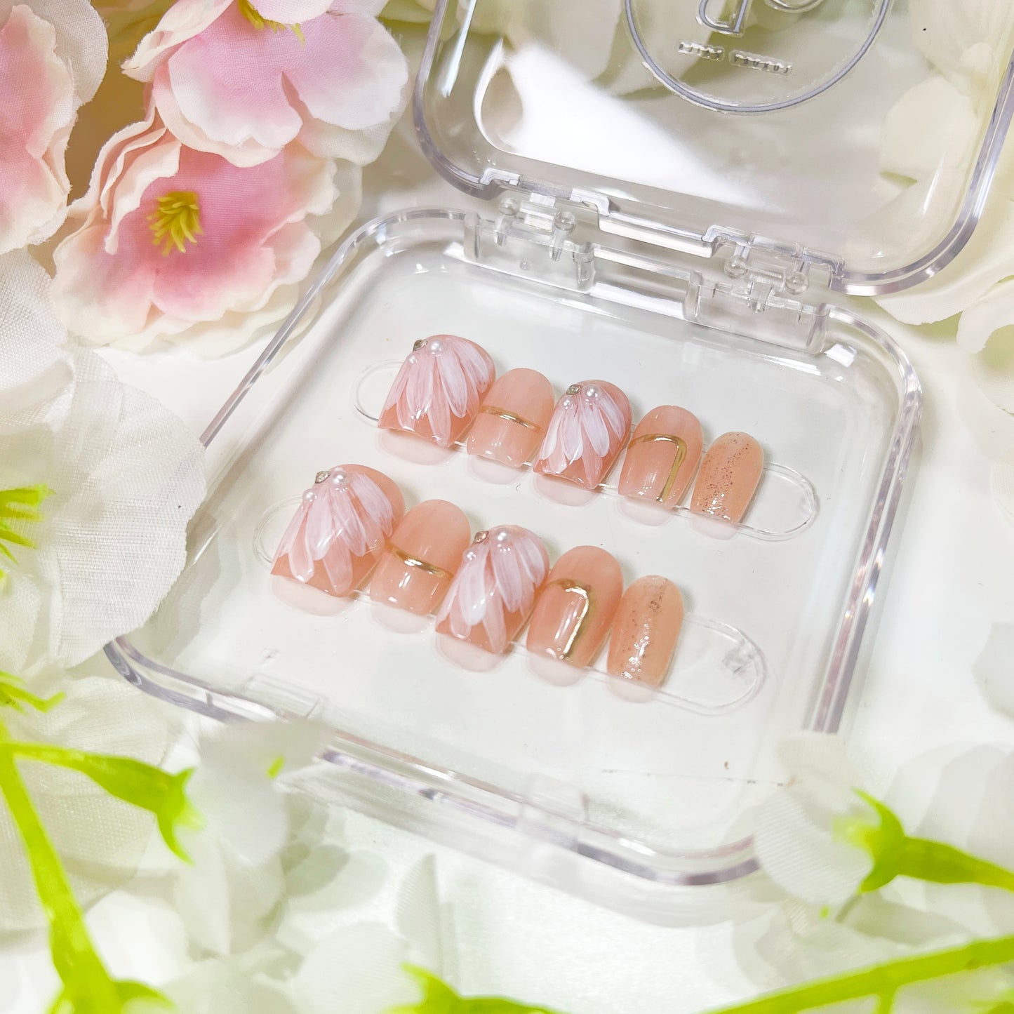 PO007 pink flower white floral press on nails