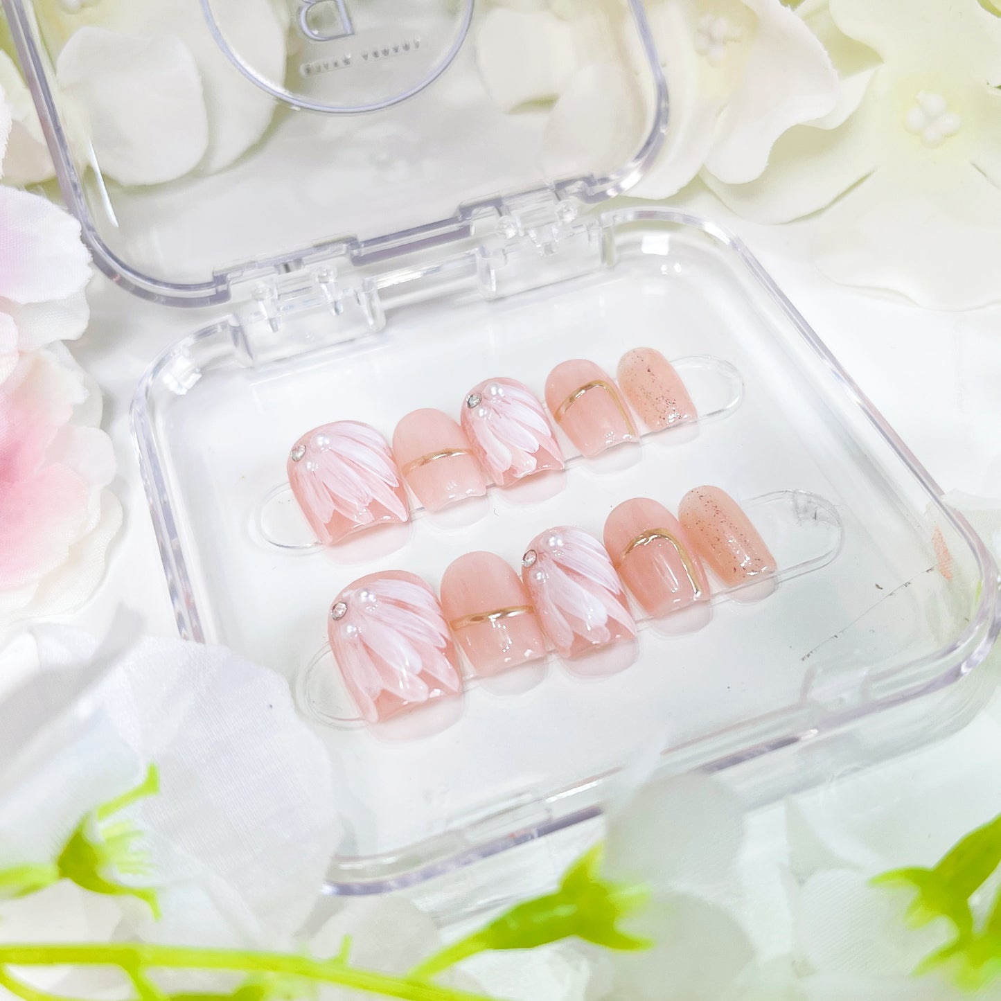 PO007 pink flower white floral press on nails