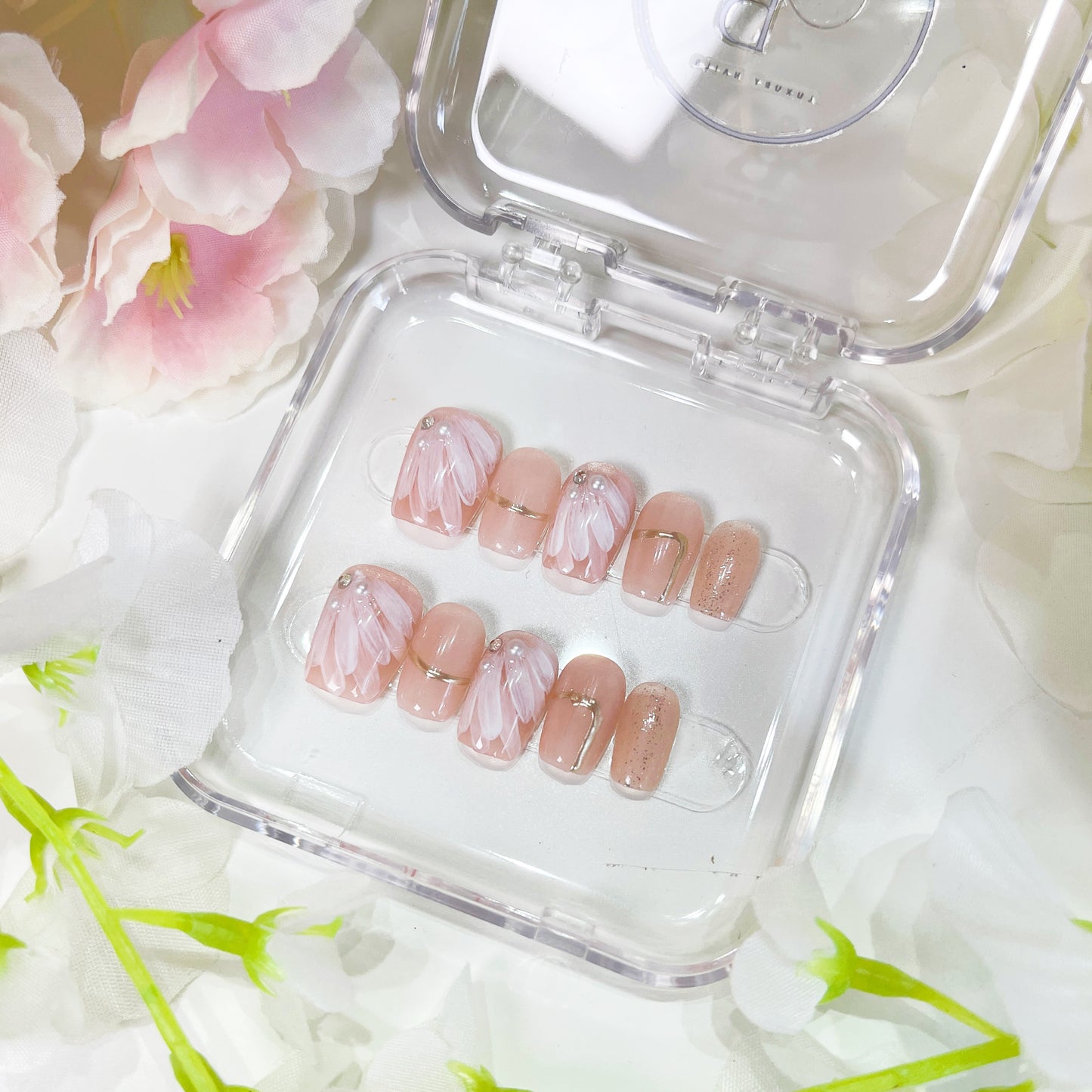 PO007 pink flower white floral press on nails