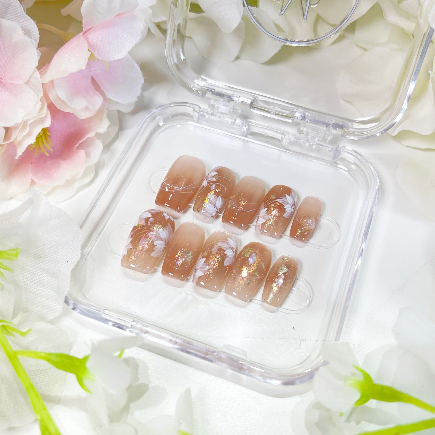 PO002 blush pink flower press on nails