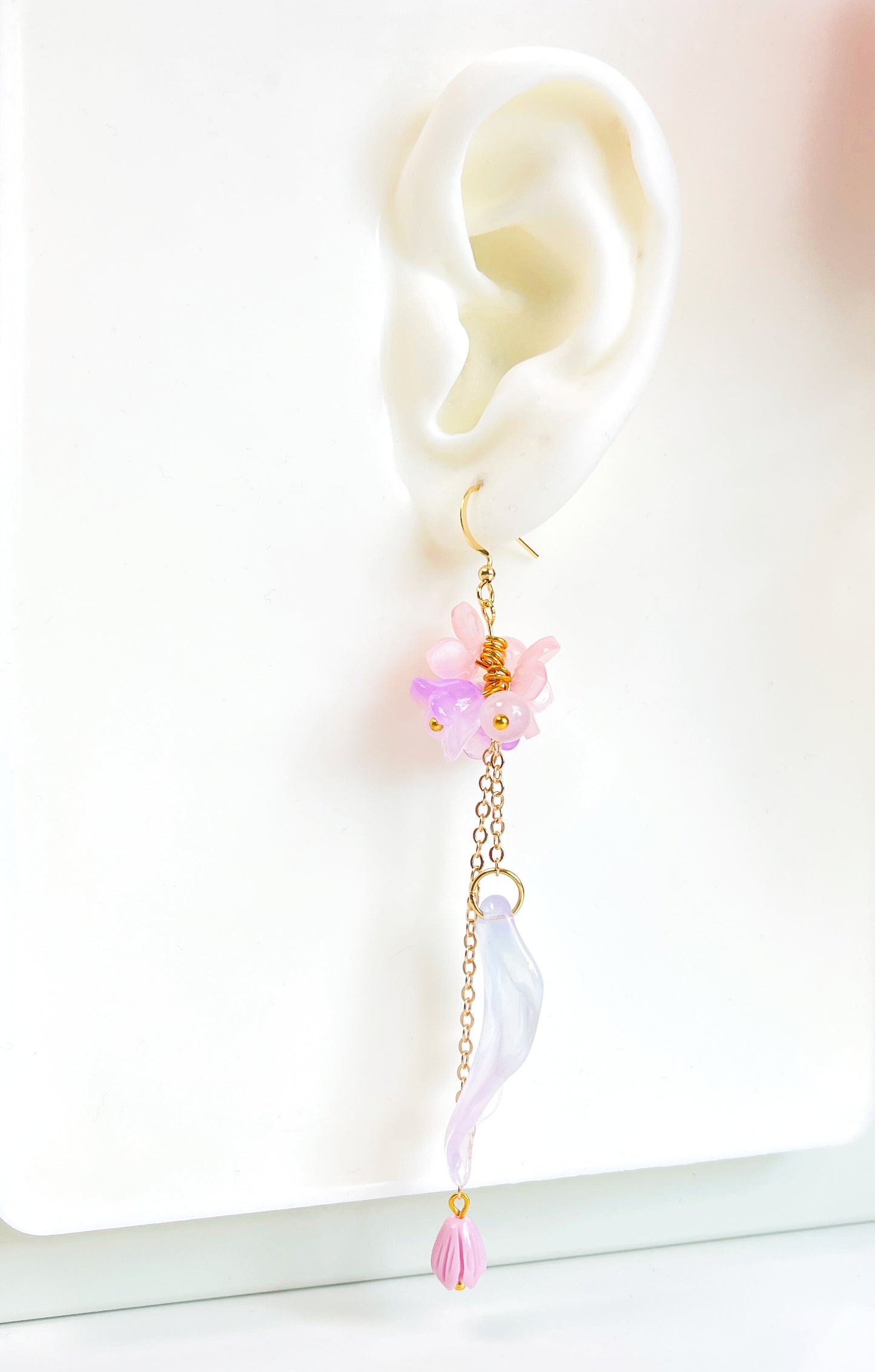 E194 purple flower long dangle earrings