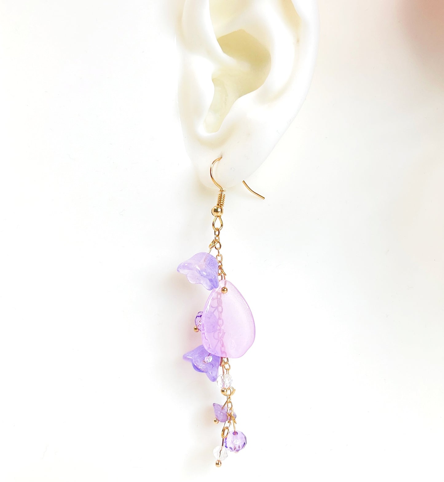 E196 purple lily flower long dangle earrings
