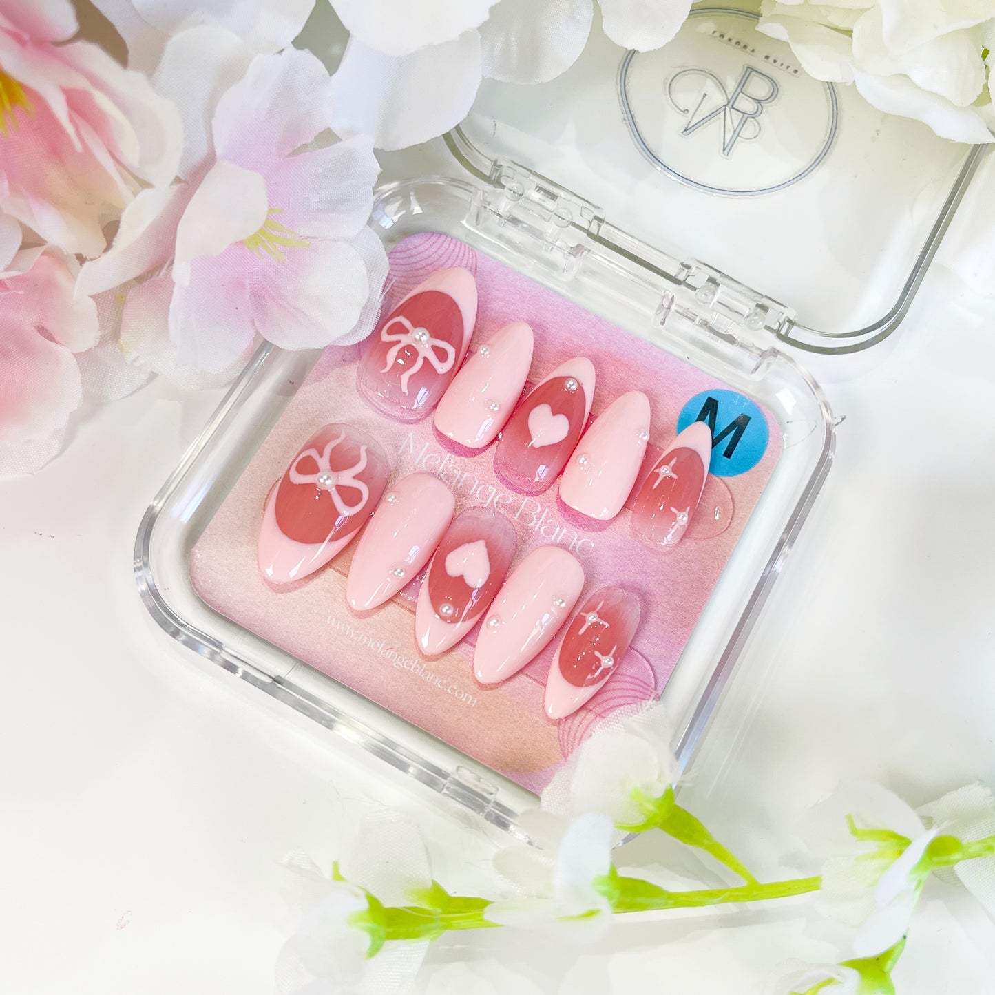 PO012 pink bow heart french almond press on nails