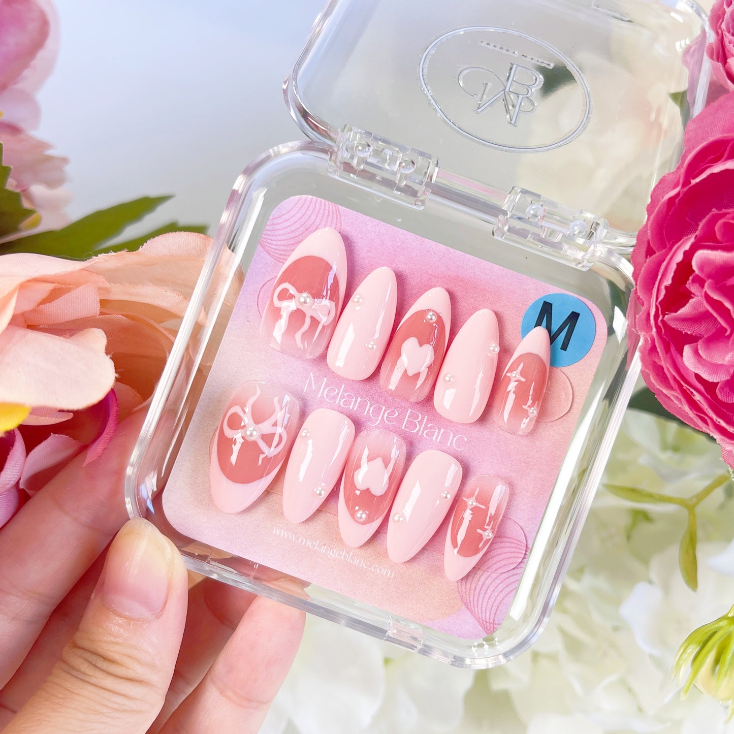 PO012 pink bow heart french almond press on nails