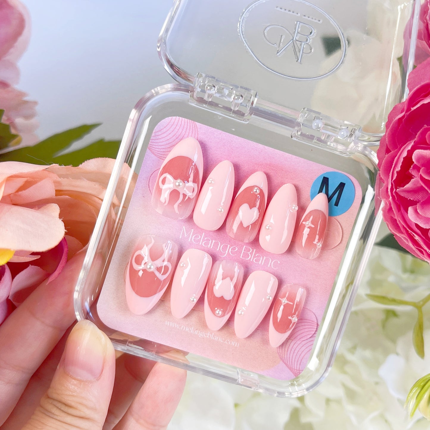 PO012 pink bow heart french almond press on nails