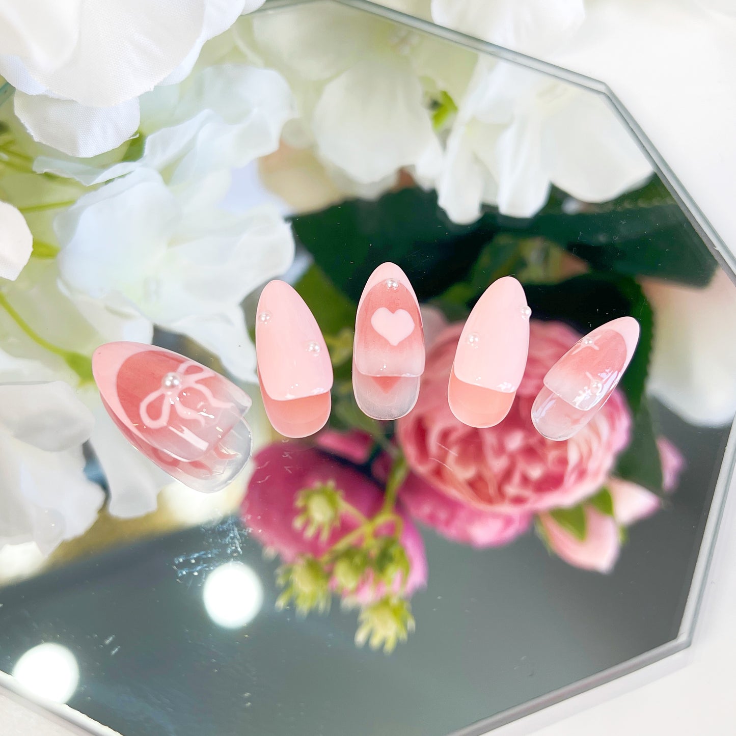 PO012 pink bow heart french almond press on nails