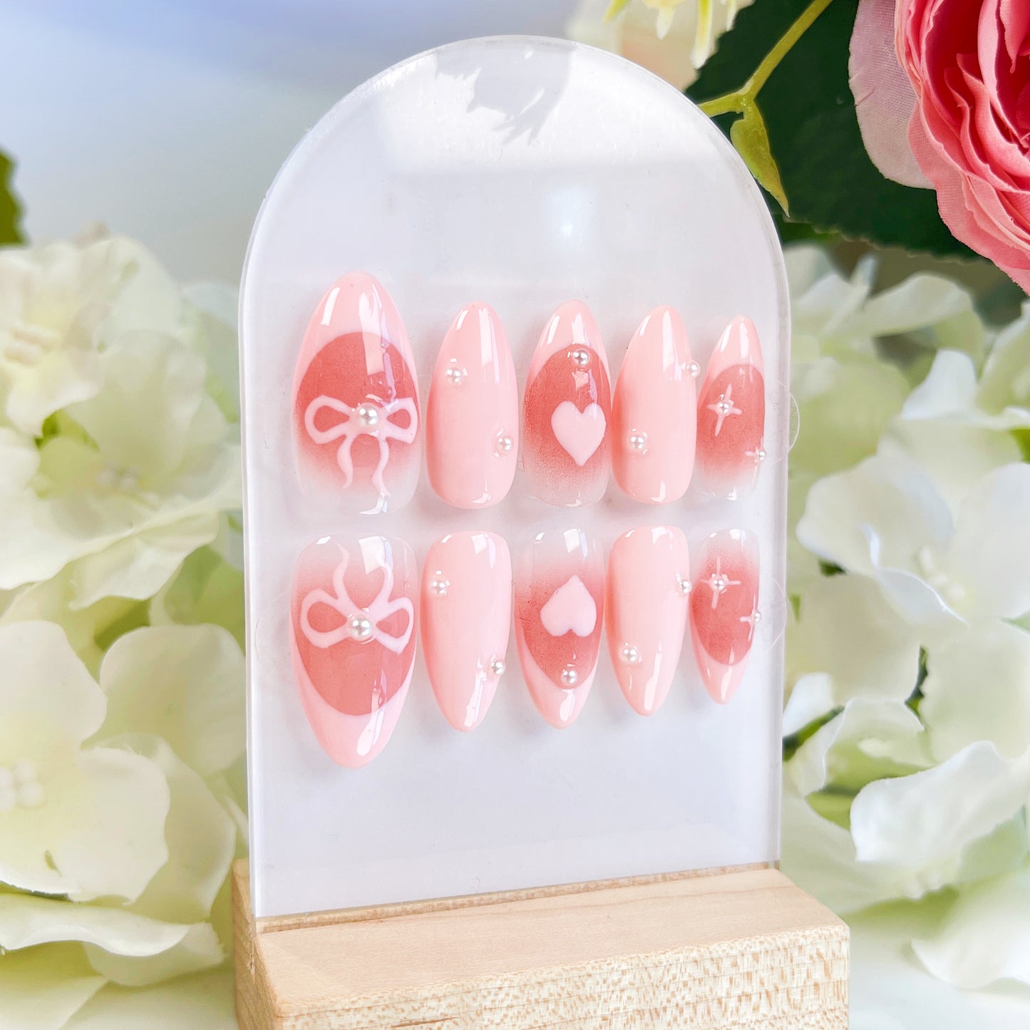 PO012 pink bow heart french almond press on nails