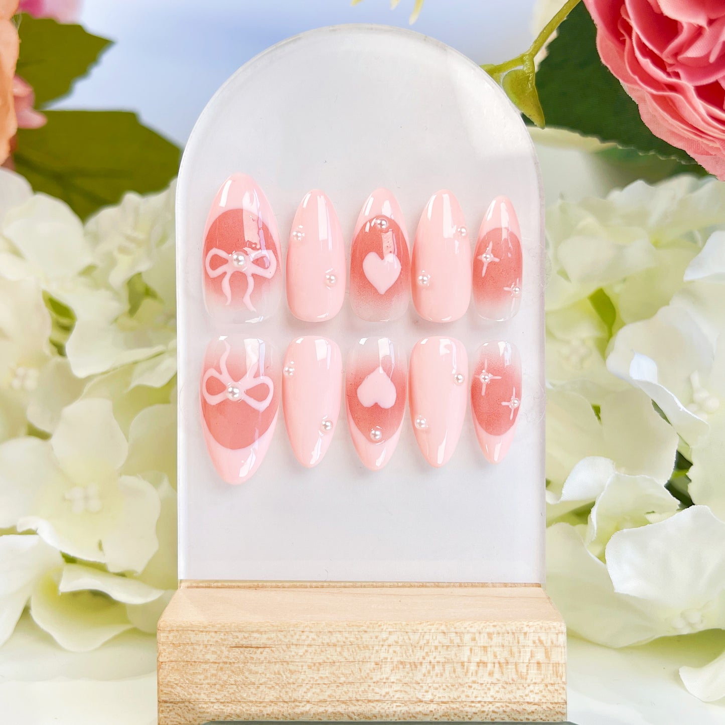 PO012 pink bow heart french almond press on nails