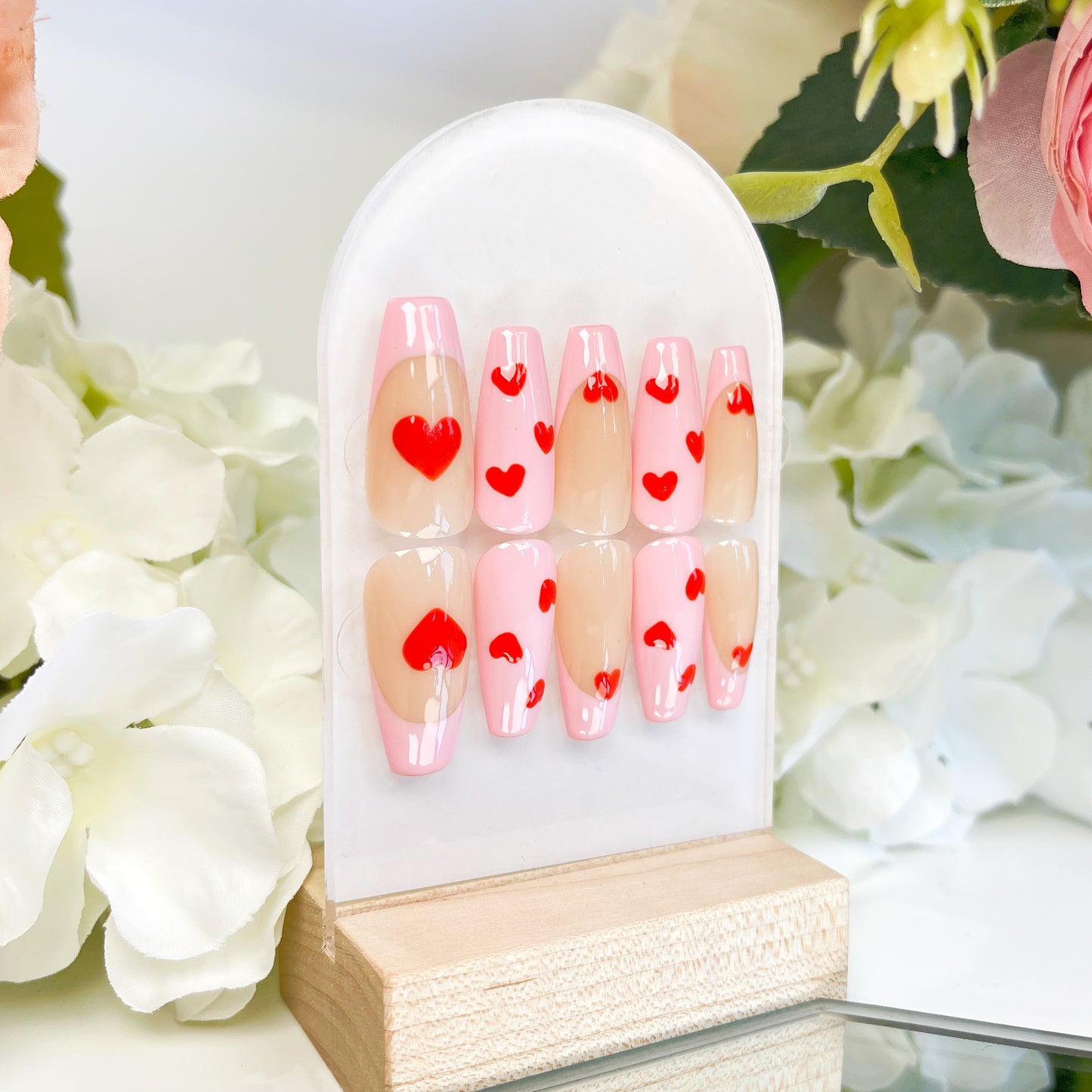 PO013 cute pink heart french tip coffin press on nails