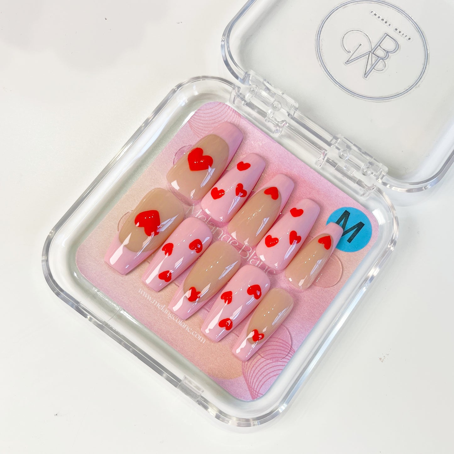 PO013 cute pink heart french tip coffin press on nails