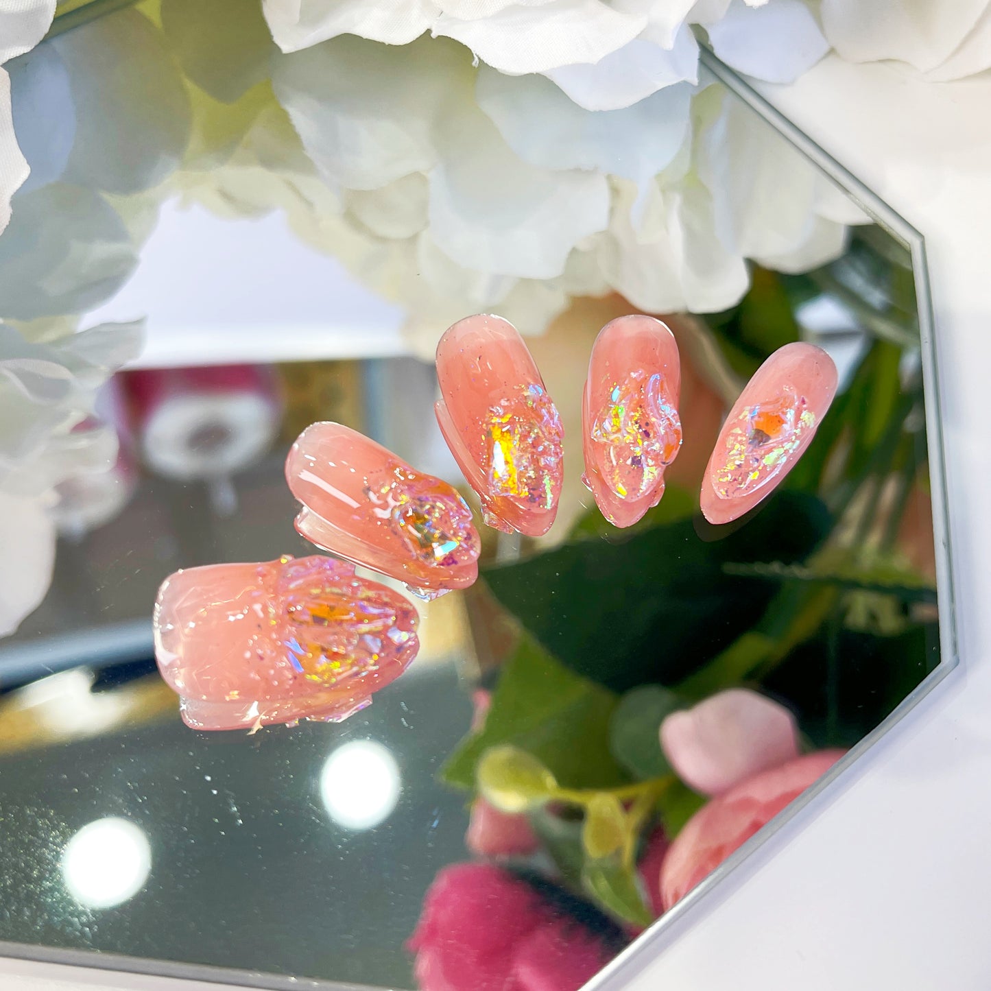 PO018 glitter aurora gem crystal press on nails