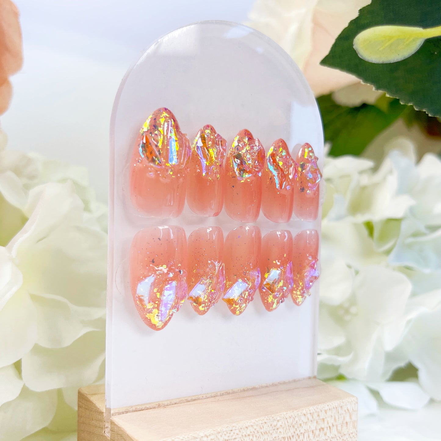 PO018 glitter aurora gem crystal press on nails